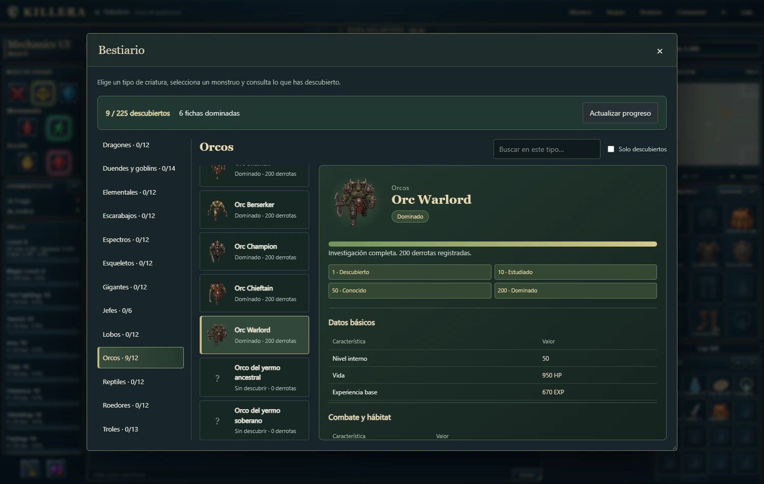 Bestiary con familias de criaturas, lista de orcos y ficha de Orc Warlord dominado.