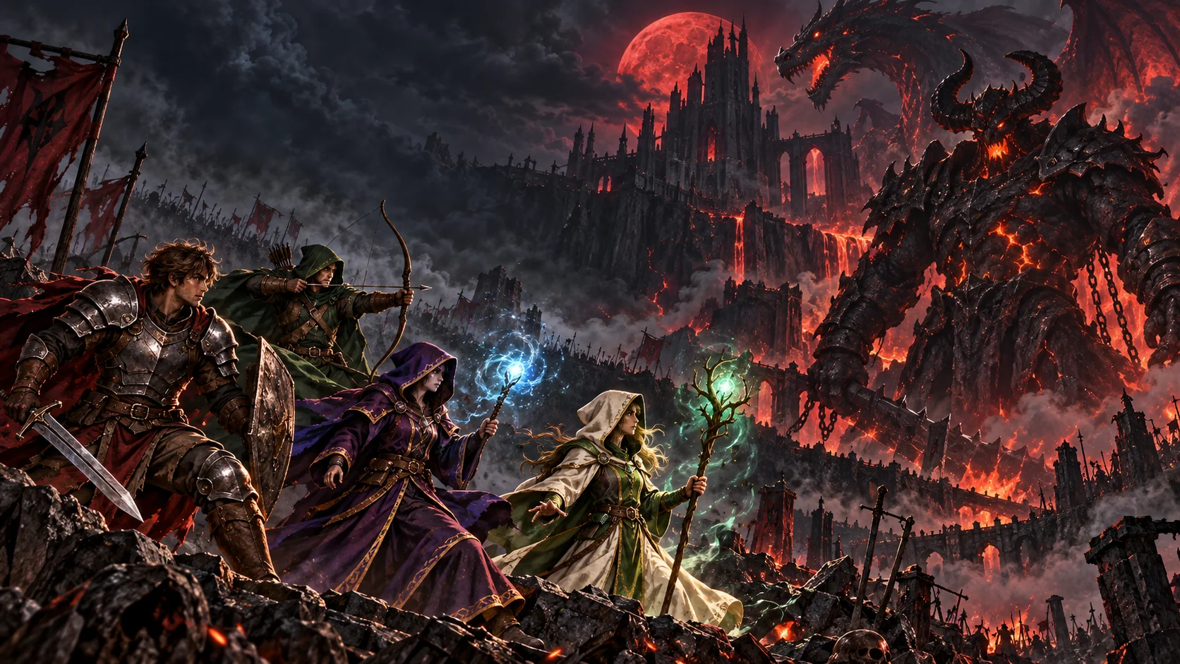Aventureros de KILLERA frente a criaturas de lava y una fortaleza bajo la luna roja.