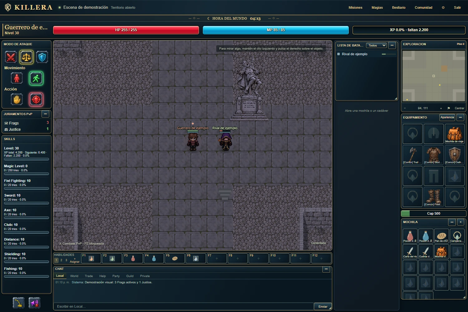 Cliente de KILLERA mostrando a un jugador con marca criminal y contadores de Frags y Justice.