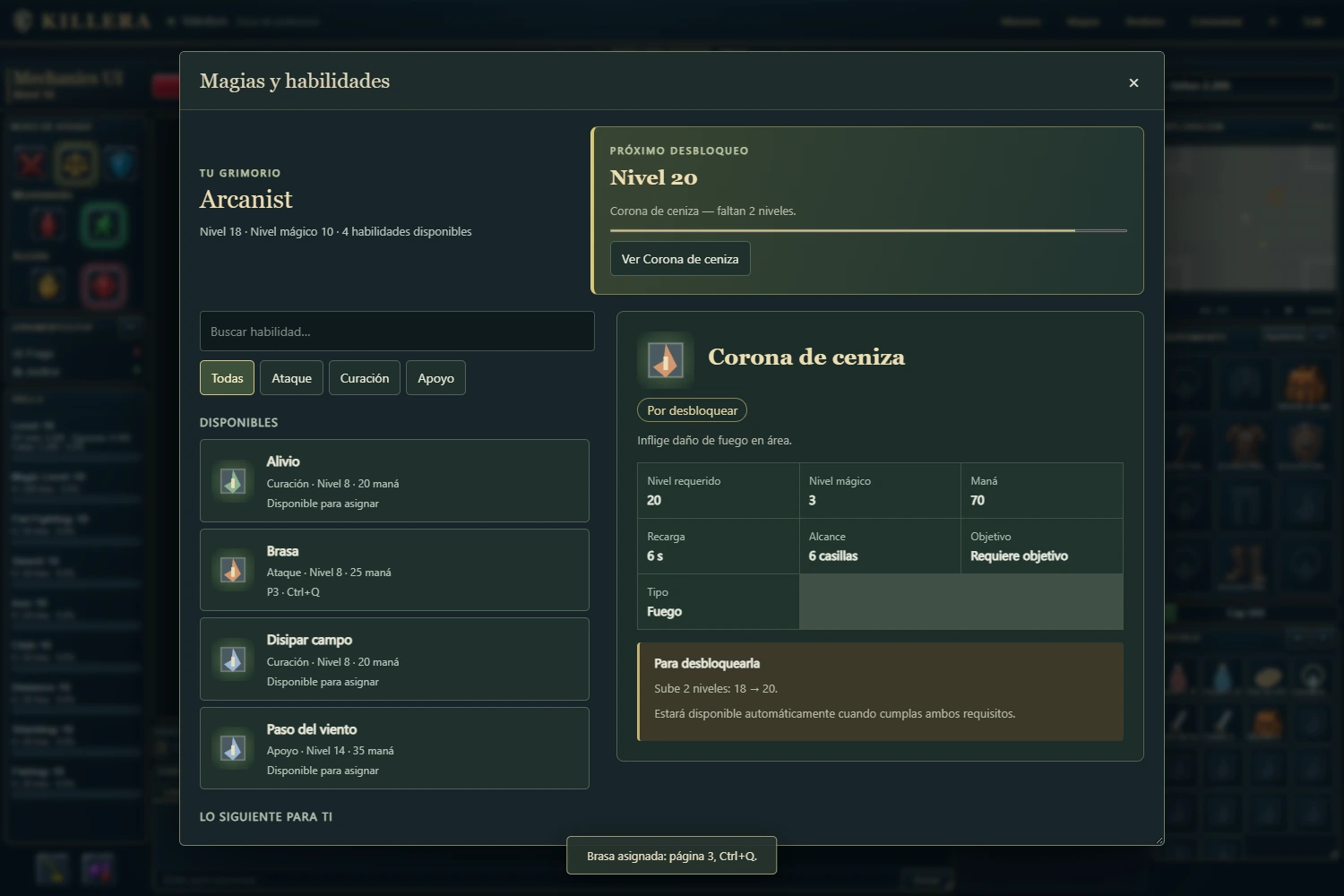 Arcanist nivel 18 consulta Corona de ceniza, que requiere nivel 20, y sus costes y alcance.